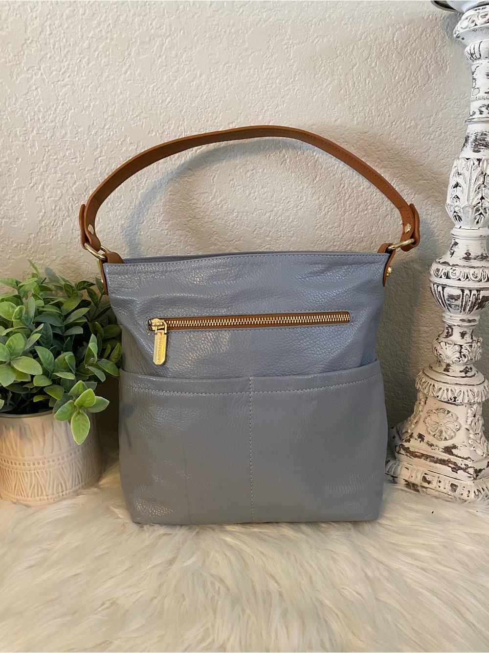 Valentina Slate Blue Hobo pebbled Italian Leather with Tan Handle